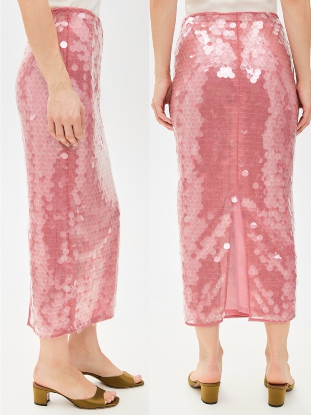 STAUD Casey Sequined Mesh Midi Skirt – Pink Blush - Picture 2 of 8